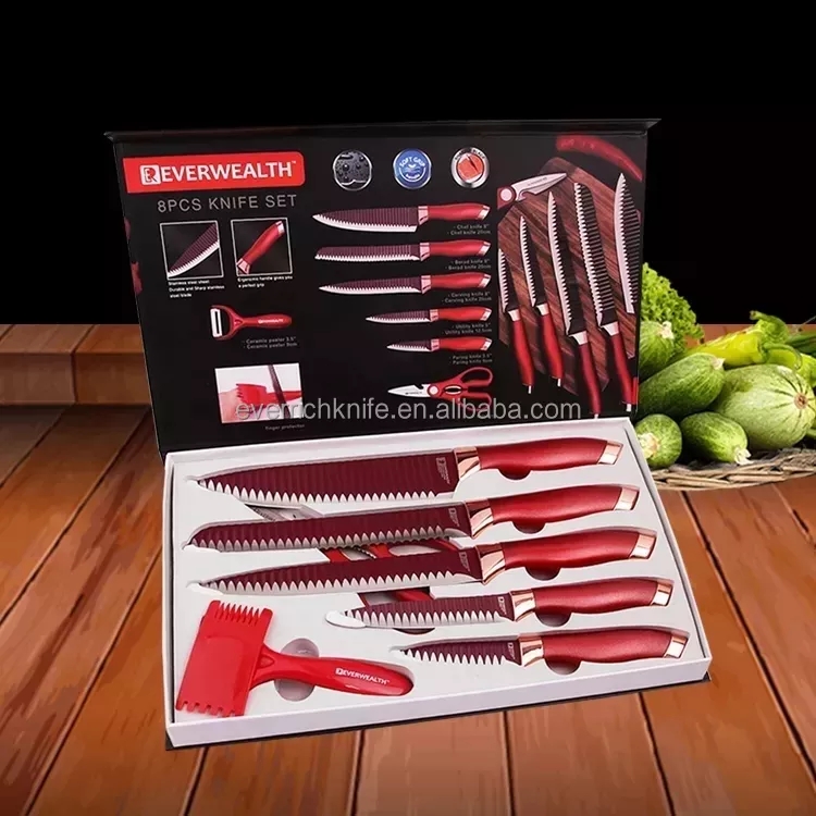 Topest Attraktiv Hot Selling 8 stk køkkenkniv sæt rød farve med gaveæske 