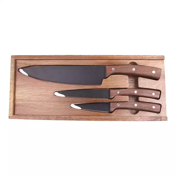 Hot Selling Nyt Design Sort Oxide Coating Køkkenknive Chef Knife Set Med Valnød Træ Håndtag 