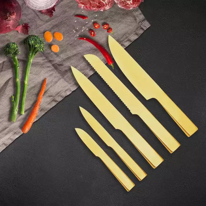Amazon Hot Selling Non-stick belægning rustfrit stål farve køkkenkniv sæt med hul håndtag 