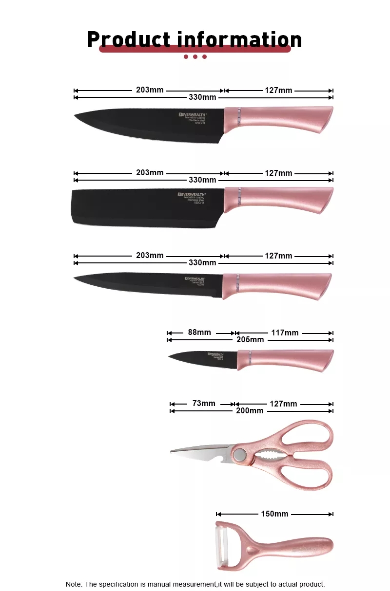 Hot sælgende gaveæske 7 stykker køkkenudstyr rustfrit stål sort klinge kniv sæt med skærebræt 